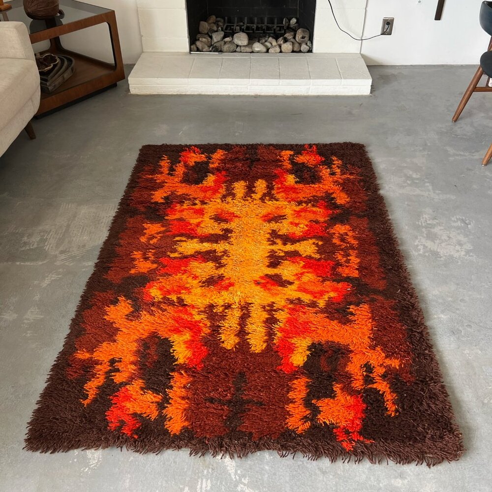 70's THOR Rorschach Bold Geometry Contemporary UNUSED Brown Rya Rug Mid Century - Picture 2 of 9